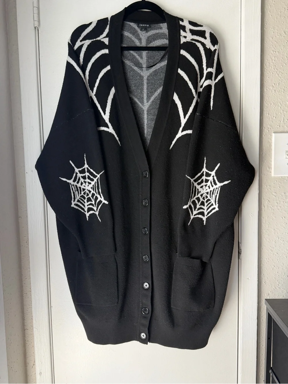 torrid Black Cardigan with White Spiderweb Intarsia
